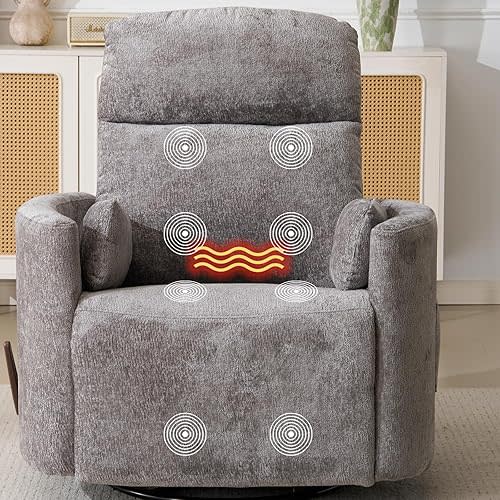 Oversized Swivel Rocker Recliner with Massage and Heat, Swivel Nursery Recliner With Adjustable Headrest, Manual Rocker Recliner Chair with Two Removable Pillows, Rocking Nursery Chair, Dark Grey