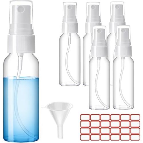 Spray Bottles, 2oz/50ml Clear Empty Fine Mist Plastic Mini Travel Bottle Set, Small Refillable Liquid Containers with 2pcs Funnels and 24pcs Labels (6 Pack)