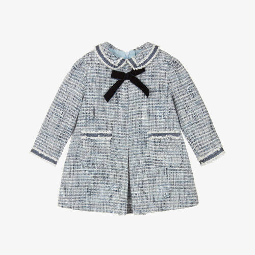 Miranda - Baby Girls Blue Tweed & Glittery Silver Dress with Velvet Bow | Childrensalon (12 Months)
