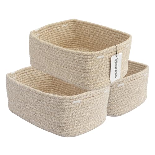 XUANGUO Small Woven Storage Baskets for Shelves, 12" x 8" x 5", Oatmeal | Decorative rope storage bins for closets and toy storage; cute organizer baskets, empty gift baskets and nursery storage.