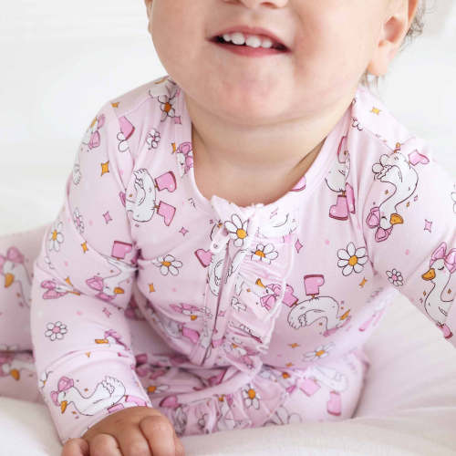 Silly Goose Ruffle Zipper Footie in Pink | Caden Lane