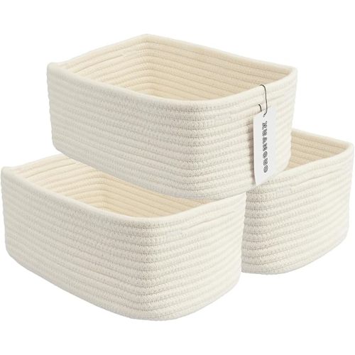 XUANGUO Small Woven Storage Baskets for Shelves, 12" x 8" x 5", White | Decorative rope storage bins for closets and toy storage; cute organizer baskets, empty gift baskets and nursery storage.