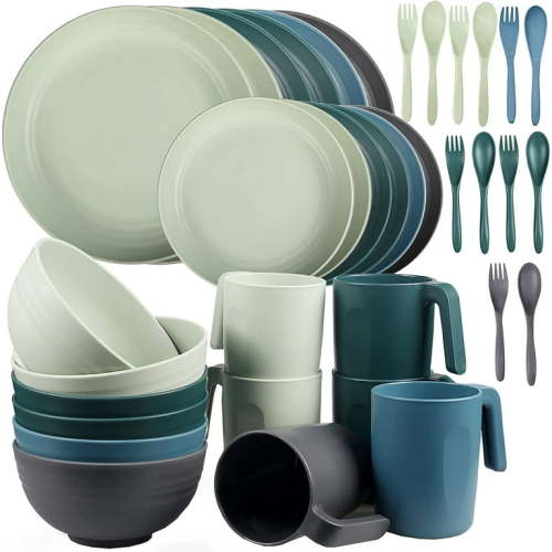 Loobuu Plastic Dinnerware Sets (36PCS) - Lightweight & Unbreakable Dinnerware Set - Microwave Safe Plates Set, Bowls, Cups Mugs, Service for 6, Great for Kids & Adult (Multicolor)