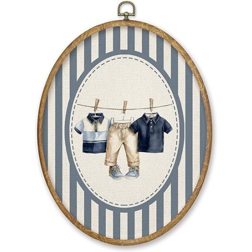 CGBHW Vintage Boy Nursery Oval Wall Art Decor, Kids Room Canvas Prints Framed, Blue Striped Baby Clothes Wall Art Hanging Decor for Home Kitchen Kids Toddler Boy Nursery Room Bedroom Playroom, 8.6x11.4 Inch