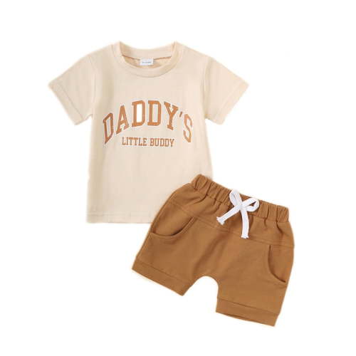 Baby Boy Summer "Daddy's Little Buddy" Letter Pattern Short Sleeved Round Neck T-shirt with Brown Shorts Casual Set