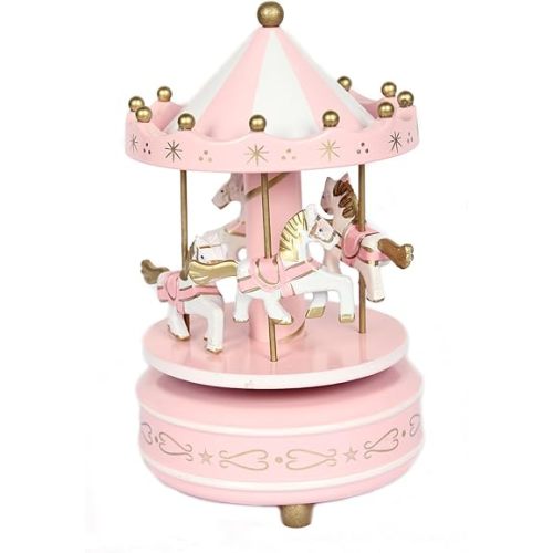 Schoolsupplies New Pink Wooden Merry Go Round Carousel Classic Music Box Kids Girls Gift Toy