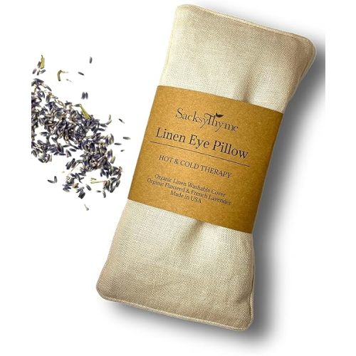 Sacksy Thyme Organic Linen Eye Pillow - Lavender & Flaxseed for Relaxation, Yoga, Stress Relief - Microwavable Heating Pad & Cool Compress - Made in USA - Gifts for Meditation