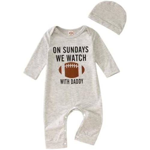 CM C&M WODRO Newborn Baby Boy Girl Football Outfit Sundays We Watch Football with Daddy Jumpsuit Funny Infant Romper Onesie