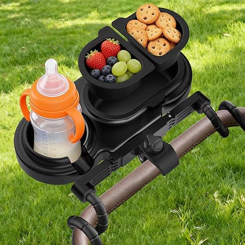 Universal Stroller Snack Tray with 3 Detachable Silicone Bowls, Anti-Slip Silicone Grips & Cup Holder, Stroller Attachment for Nuna, Uppababy, Travel Essentials for Baby, Stroller Accessories