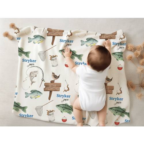 Personalized Gone Fishing Blanket, Fishing Nursery,  Fishing-Themed Nursery, Custom Baby Blanket, Custom Name Blanket, Fishing Blanket
