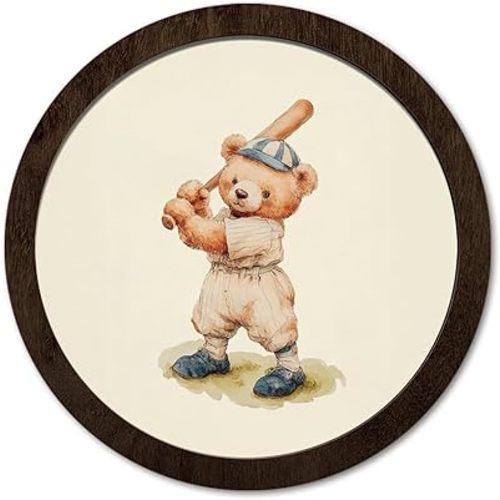 PeakClub Vintage Baseball Bear Nursery Round Wooden Wall Art, Baseball Room Decor, Neutral Sketch Sports Player Bear Wall Decor for Kids Boy Nursery Bedroom Playroom Sports Room, 10x10 Inch