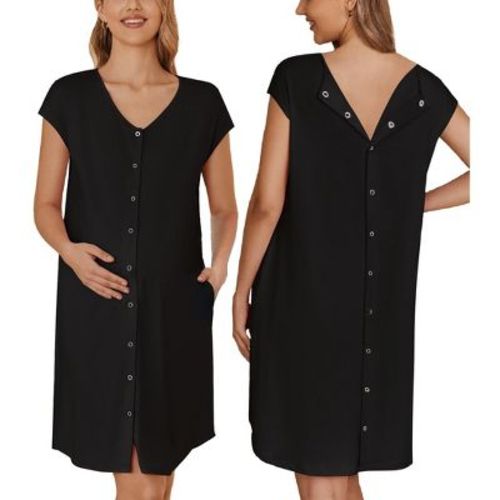 Ekouaer Labor/Delivery/Hospital Gown Nursing Nightgown Maternity Sleepwear With Pockets Postpartum Gowns with Button Black XXL