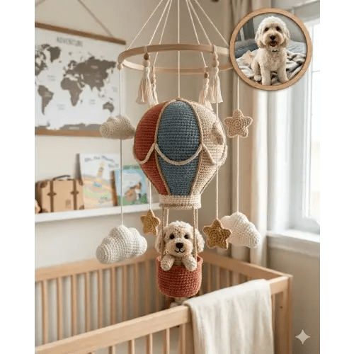 Custom Dog Baby Mobile, Personalized Pet Nursery Mobile, Crochet Hot Air Balloon Mobile, Custom Pet from Photo, Baby Crib Decor Gift