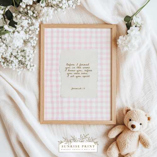 Jeremiah 1:5 Nursery Artwork Pink Gingham Wall Art for Girls Room Decor Bible Verse Print Christmas Gift for Babyshower Scripture Poster