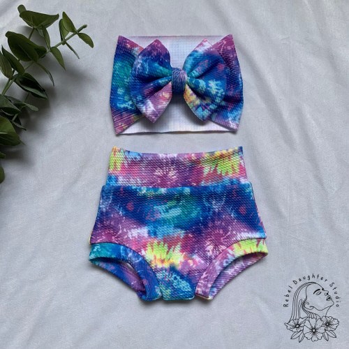 Tie Dye Baby Bummie & Bow Head Wrap | Baby Bummy | Summer Style | Colorful, Bright, Baby Clothing Set | Baby Bow | Purple, Blue, Yellow