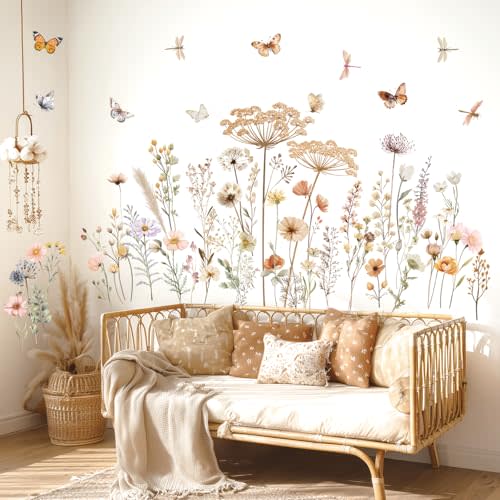 DECOWALL Boho Wildflower Wall Stickers Decals with Butterflies (SG2-2513) | Watercolor botanical flowers with dragonflies; peel and stick, removable decor for living room, bedroom, nursery and office