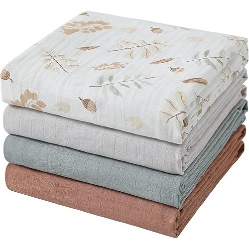 Muslin Swaddle Blankets for Boys & Girls, 4 Pack Receiving Baby Blanket for Newborns, Large 47 x 47 Inches, Soft Breathable Baby Swaddles, Acorn & Earthy Colors