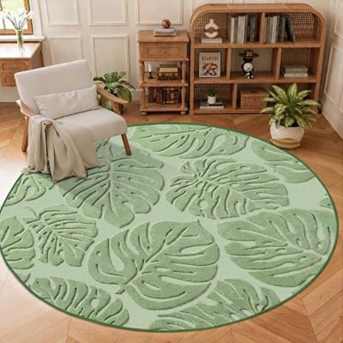 Sage Green Monstera Round Area Rug 6x6, High-Low Plush Pile Washable Rugs for Living Room Bedroom, Tropical Non Slip Nursery Carpet Soft Indoor Shag Rugs for Dining Room