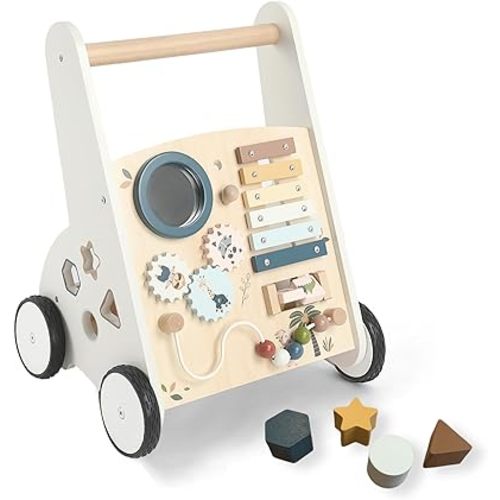 Freniland Wooden Baby Walker，Baby Walker with Wheels for Toddlers 18M+，Montessori Toys with Bead Maze, Xylophone and Storage for Boy and Girl