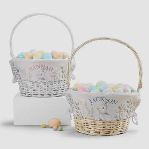 Personalized Easter Bunny Basket – Custom Color Kids Easter Basket – Embroidered Name Easter Egg Hunt Basket – Bunny Basket with Liner