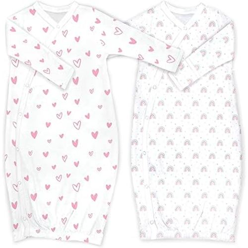 Cambria Baby 100% Organic Kimono Gowns. Side Snaps with Built in Mitts. (Hearts and Rainbows, 0-6 Months)
