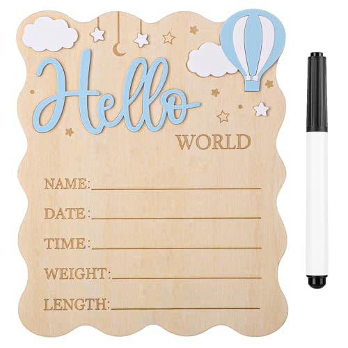 Baby Announcement Sign,Wooden Hello World Newborn Signs Birth Announcement Sign and Pen for Baby Shower Hospital Nursery Newborn Boys and Girls (Blue)