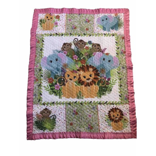 Jungle Safari Animals Baby Quilt Handmade 43” X 33” Pink Satin Ruffled Hem