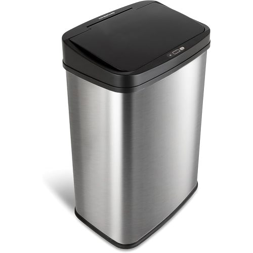 Ninestars Automatic Touchless Infrared Motion Sensor Trash Can, 13 Gal 50L, Stainless Steel Base (Rectangular, Black Lid), Black Trim