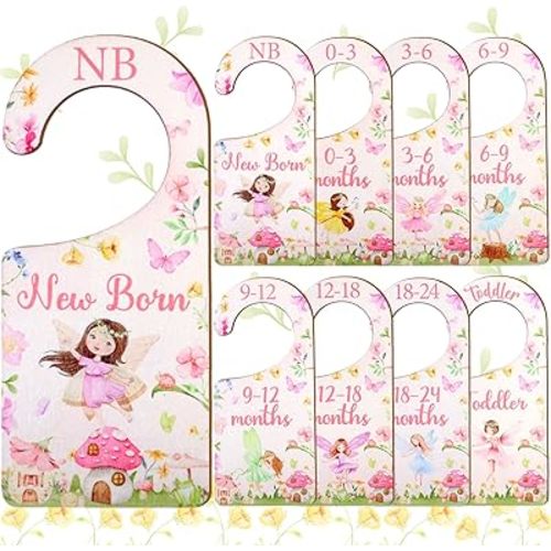 Baby Closet Dividers 8PCS, Fairy/Garden Theme Wooden Double-Sided Clothes Size Hanger Organizer from Newborn to Toddler for Nursery Decor Baby Shower Birthday Gift
