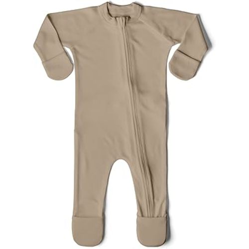 Goumikids Convertible Baby Footie Pajamas, 2-Way Zipper and Mitten Cuffs, Organic Cotton, 3-6 Months, Sandstone