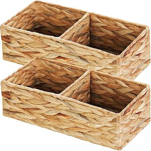 Vagusicc 2 Section Wicker Storage Basket, Set of 2 Hand-woven Water Hyacinth Storage Baskets, Toilet Tank Basket, Small Wicker Baskets, Woven baskets, Baskets for Organizing Storage Shelves, 2-Pack
