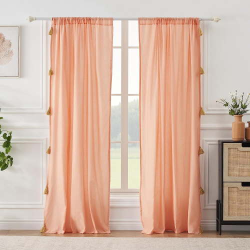 Greenland Home Fashions Monterrey Curtain Panels, Semi-Sheer, Light-Filtering, with Tassls, Coral, Set of 2