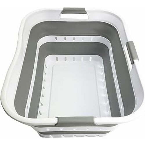 SAMMART 42L (11 gallon) Collapsible Plastic Laundry Basket - Foldable Pop Up Storage Container/Organizer - Space Saving Hamper/Basket (1, Grey/White)