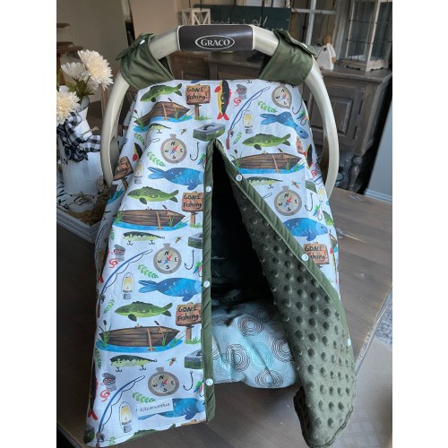 Cute Baby Car Seat Canopy Cover - Gone Fishing - All Cotton or Minky - Baby Boy - Shower Gift