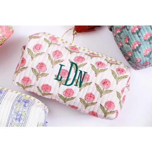 Personalized Makeup Bag Block print cosmetic pouch quilted toiletary pouch with name