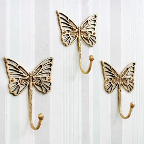 Indian Shelf Decorative Brass 3 Butterfly Cute Kids Wall Hooks for Hanging Heavy Duty Coat Rack Wall Mount - Vintage Gold Towel Hooks for Coats, Keys, Backpack, Purse, Hat, Jewelry, Leash & More