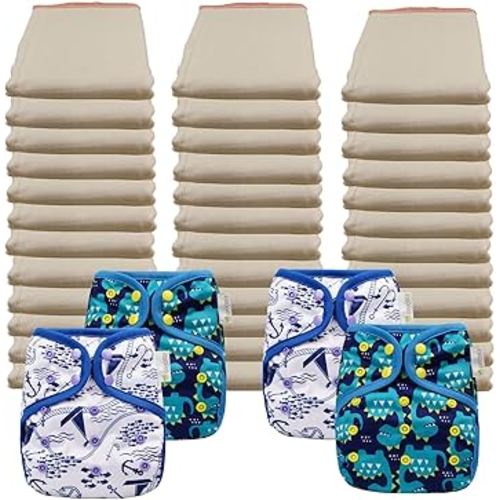 OsoCozy Economy Prefold Diaper Package - 3 Dz. Infant 4x8x4 Unbleached Better-Fit 100% Cotton Prefold Diapers (6-16 lbs) & 4 One-Size Diaper Covers (2 Maritme. 2 Dragons)