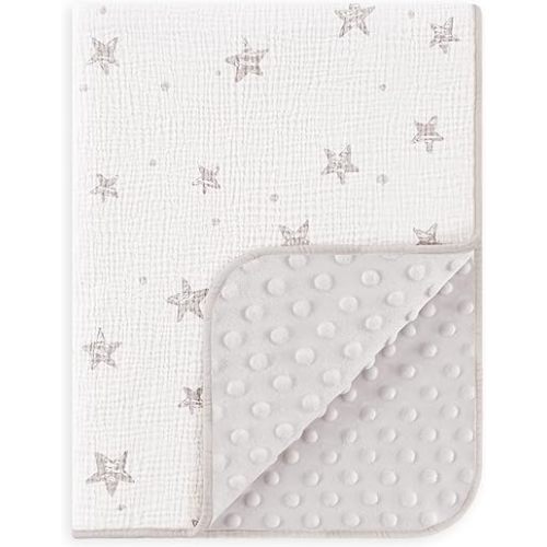 Susurration Baby Blanket 30x40inch Soft Fluffy Crib Blankets with Muslin Cotton Front and Dotted Fleece Back Receiving Blanket for Unisex Baby Girls Boys Newborn Infant(Grey Star)