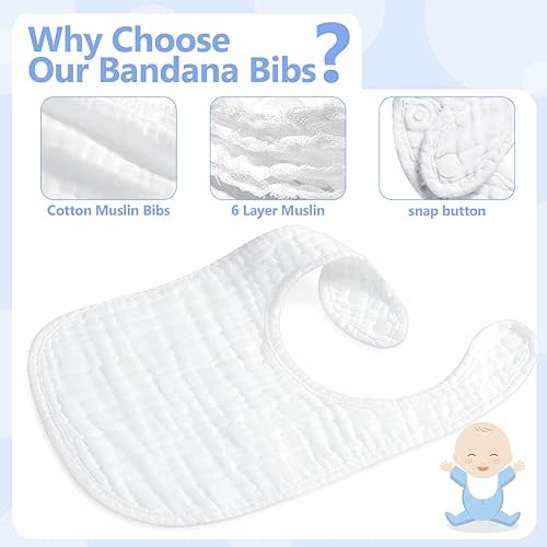 Zhanmai 20 Pack Muslin Baby Bibs Adjustable White Drool Bandana Bibs 6 Absorbent Layers for Newborn Baby Girl Boy Feeding, Drooling and Teething, Machine Washable