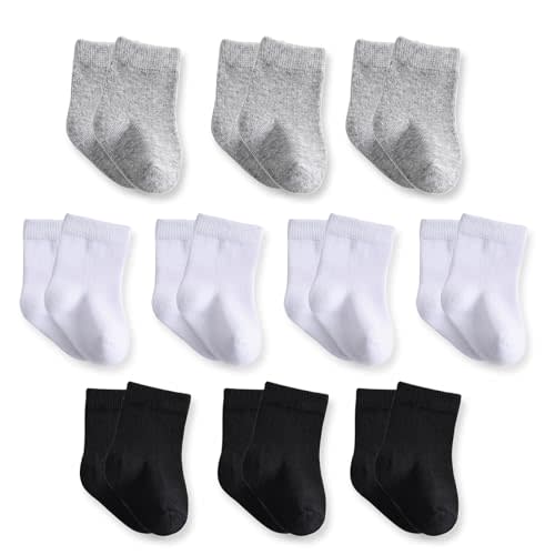 Baby Crew Socks, Cotton Rich Newborn Fit 0–3/3–6/6–12 Months, Black White Gray 10 Pack for Girls & Boys