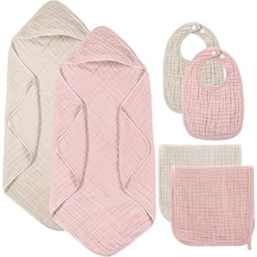 6 Pcs Muslin Hooded Bath Towels Washcloths and Bibs Set, Muslin Cotton Baby Towels Absorbent Hooded Blanket Towel Infant Bibs for Boys Girls Newborn Infant Essentials(Light Green,Light Gray)