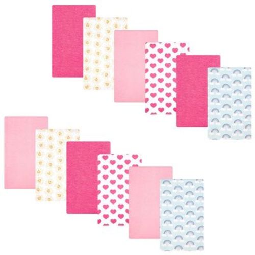 Hudson Baby Girl Cotton Poly Flannel Burp Cloths Bundle, Cloudy Rainbow, One Size