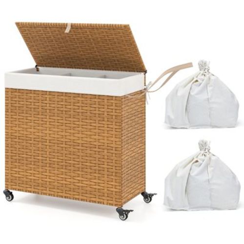 Tangkula Laundry Hamper w/Wheels & Lid 125L 3-Section Clothes Hamper w/2 Liner Bags Natural
