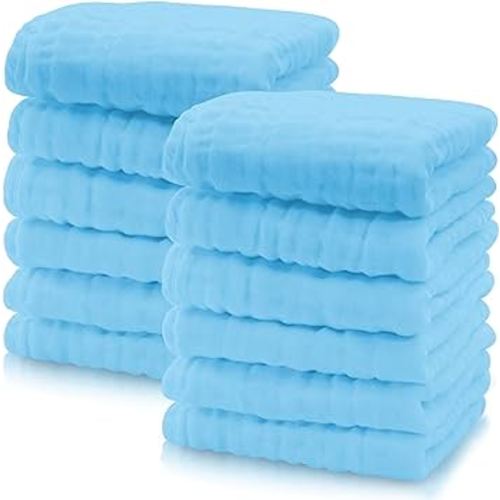 Cute Castle 12 Pack Muslin Baby Washcloths - Large 12'' by 12'' - Ultra Soft 100% Cotton - Super Absorbent Burp Cloths for Unisex, Boy, Girl -Aquamarine