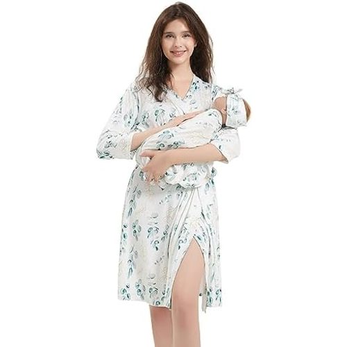 Galabloomer Maternity Robe and Baby Receiving Blanket,Matching Mommy Labor Delivery Robe and Swaddle Set