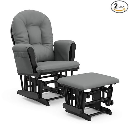 Storkcraft Premium Hoop Glider & Ottoman, Black with Gray | GREENGUARD Gold Certified, Solid Wood Craftsmanship, Convenient Storage Pockets, Glider Rocking Chair for Nursery