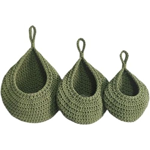 3 Pieces Woven Baskets Wall Baskets Hanging Baskets Storage Baskets Cotton Material with Strong Tightly Knitted Design Suitable for Kitchen Bedroom Li, Green