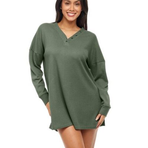 ADR Women's Long Sleeve Oversized Ribbed Knit Nightshirt, V-neck Sleepshirt, Pajama Thermal Underwear Top Green 2X