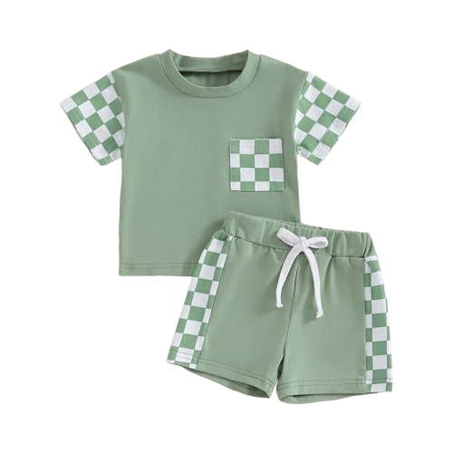 Xudanell Toddler Boy Summer Clothes Color Blocking Plaid Set Stretch Shorts Boy Summer Set Baby Boy Outfits Green 0-6 Months