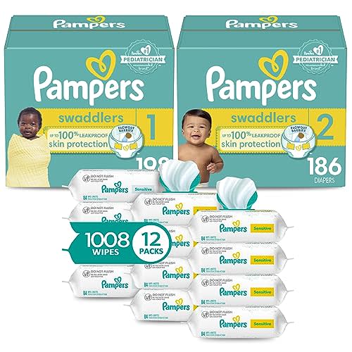 Pampers Baby Diapers and Wipes Starter Kit, Swaddlers Disposable Sizes 1 (198 Count) & 2 (186 Count) with Sensitive Water Based 12X Multi Pack Pop-Top Refill (1008 Count)